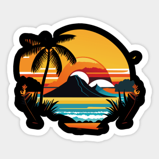 Majestic Coastal Sunset: Palm Trees, Mountains, and the Beach Sticker